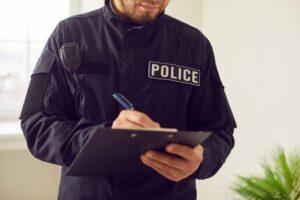A police officer filing a report. How to get a police report in Bothell.
